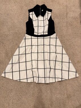 LOFT Black and White Windowpane Fit-and-Flare Dress